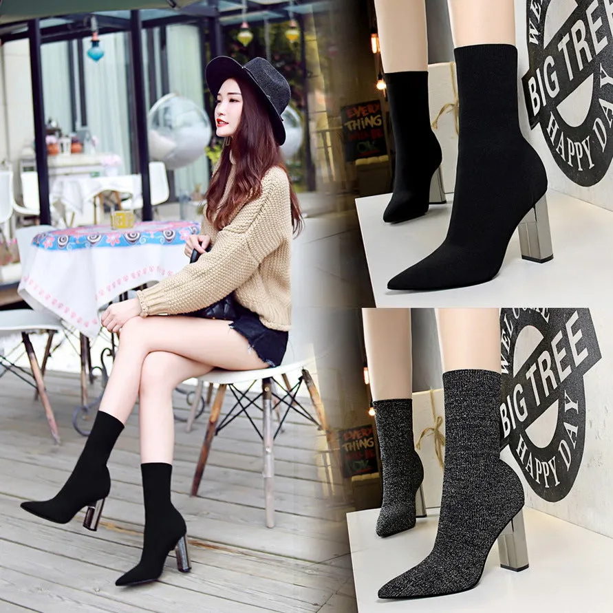 3128-2 HOTan and NEWn Style Women's Short Boots Metal Heel Chunky Heel High Heel Sexy Nightclubs Thinner Pointed Wool Ankle Boots
