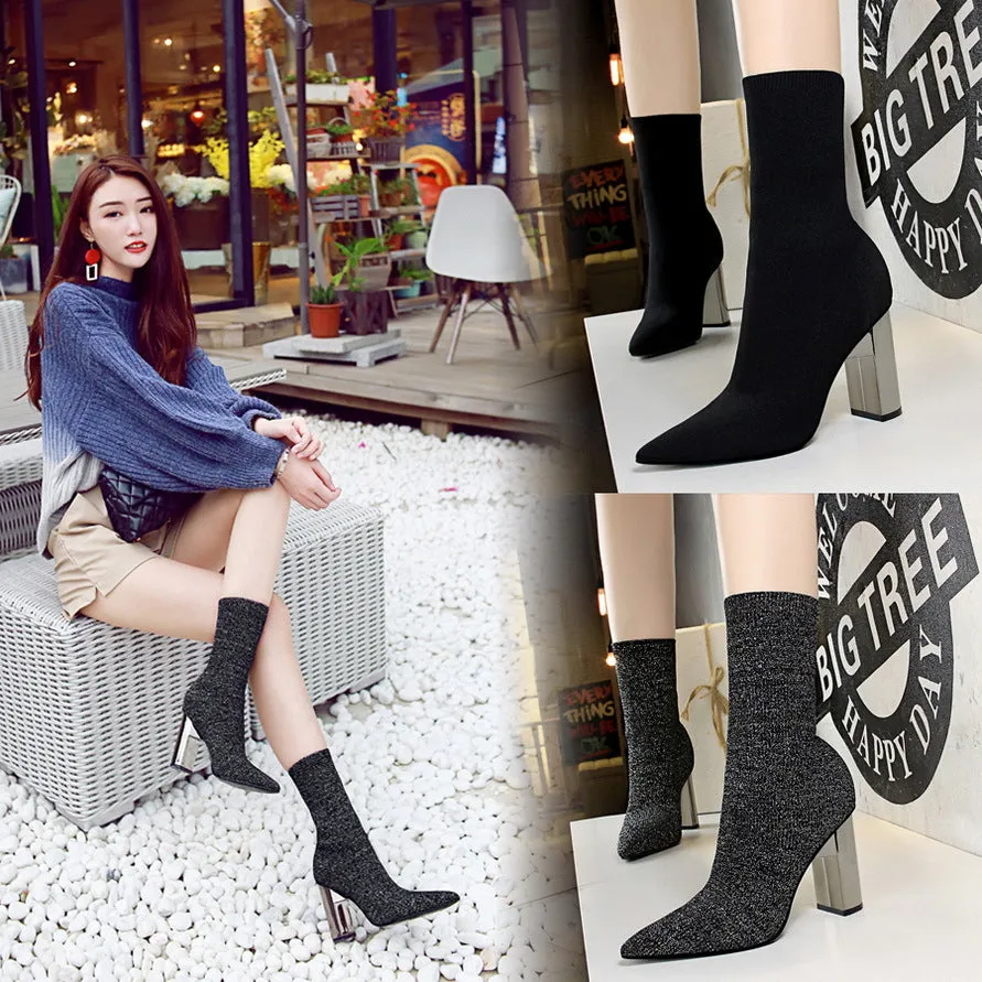 3128-2 HOTan and NEWn Style Women's Short Boots Metal Heel Chunky Heel High Heel Sexy Nightclubs Thinner Pointed Wool Ankle Boots