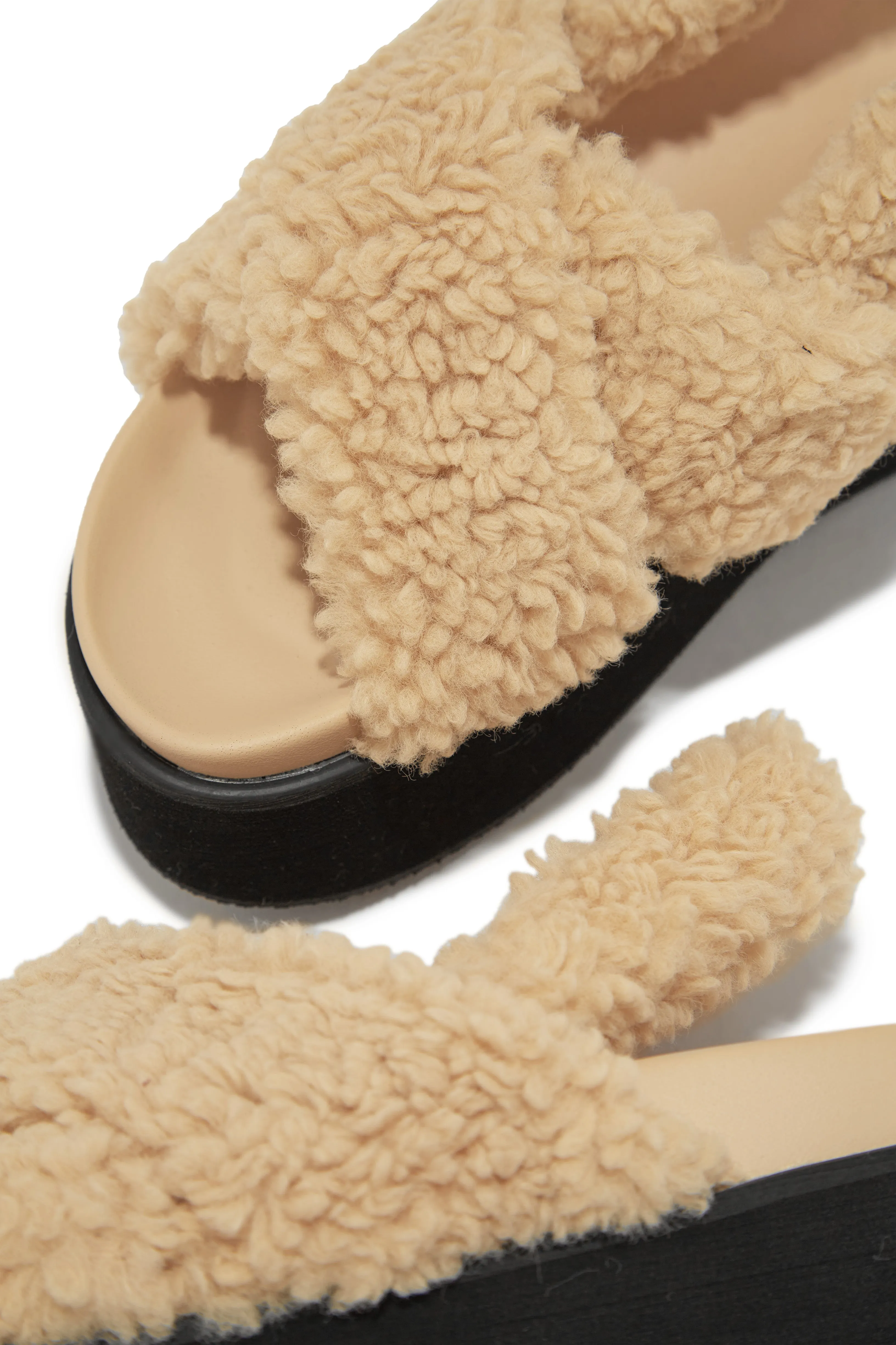 Autumn's Calling Faux Sherpa Platform Sandals - Nude