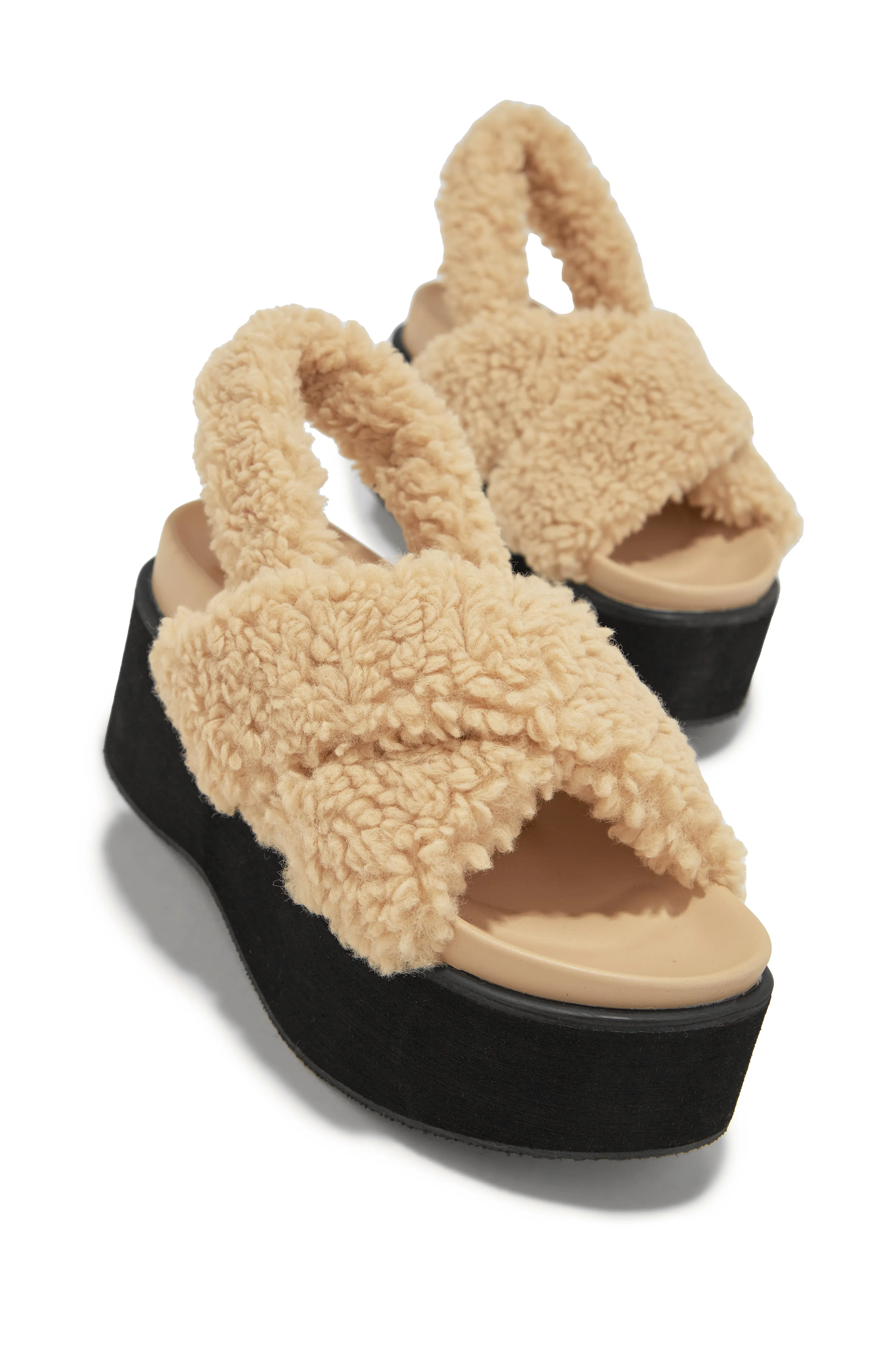 Autumn's Calling Faux Sherpa Platform Sandals - Nude