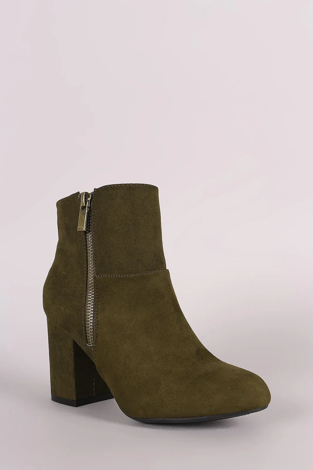 Bamboo Suede Zipper Accent Chunky Heeled Ankle Boots