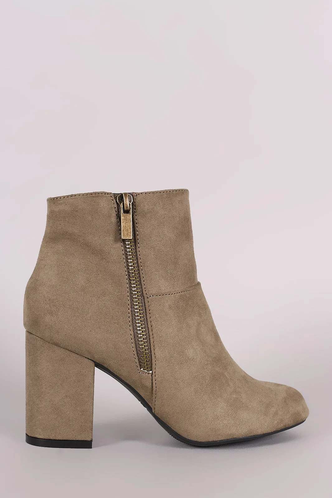 Bamboo Suede Zipper Accent Chunky Heeled Ankle Boots