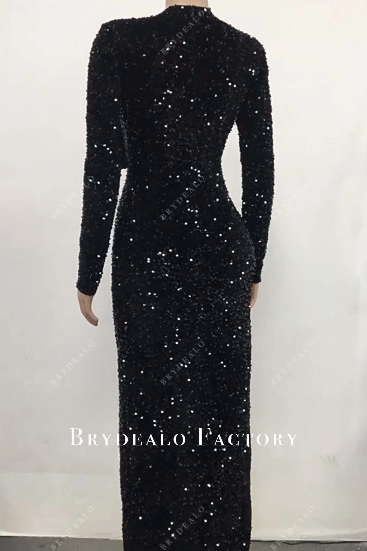 Black Sequined Corset Long Sleeves Thigh Slit Prom Dress