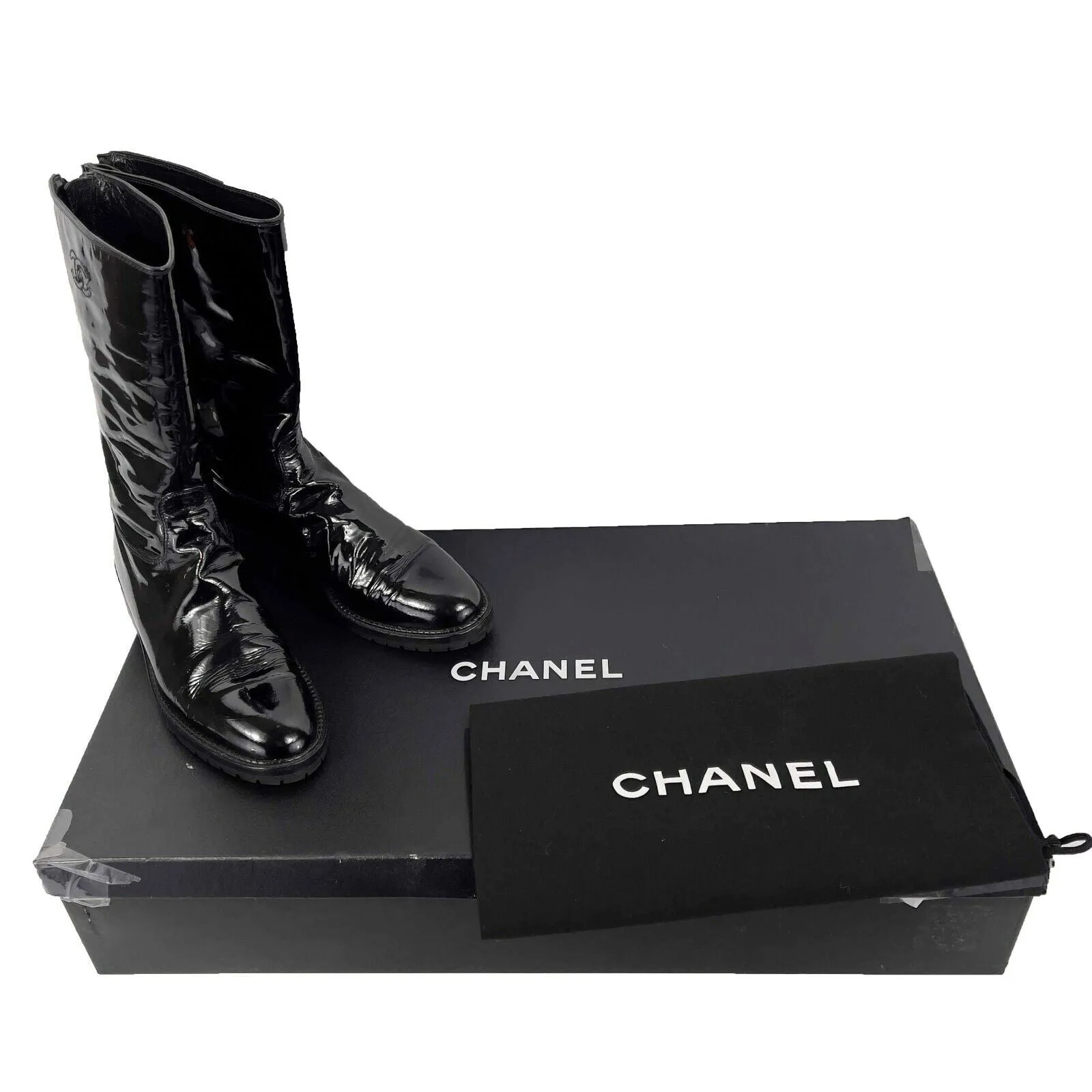 CHANEL - Tortoise Zip Pull - Vintage 97A Patent Boots Lug Sole Black 36 US 6