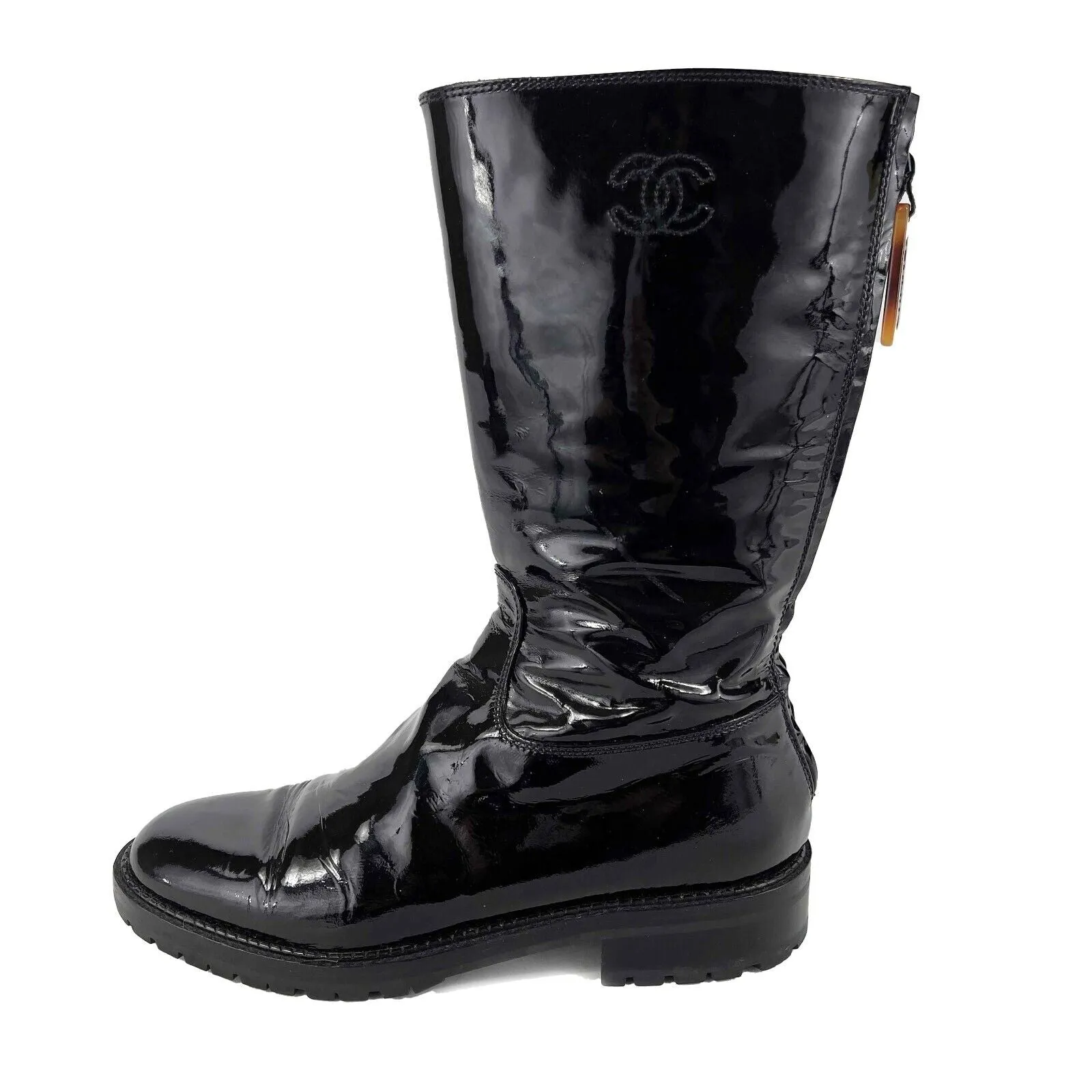CHANEL - Tortoise Zip Pull - Vintage 97A Patent Boots Lug Sole Black 36 US 6