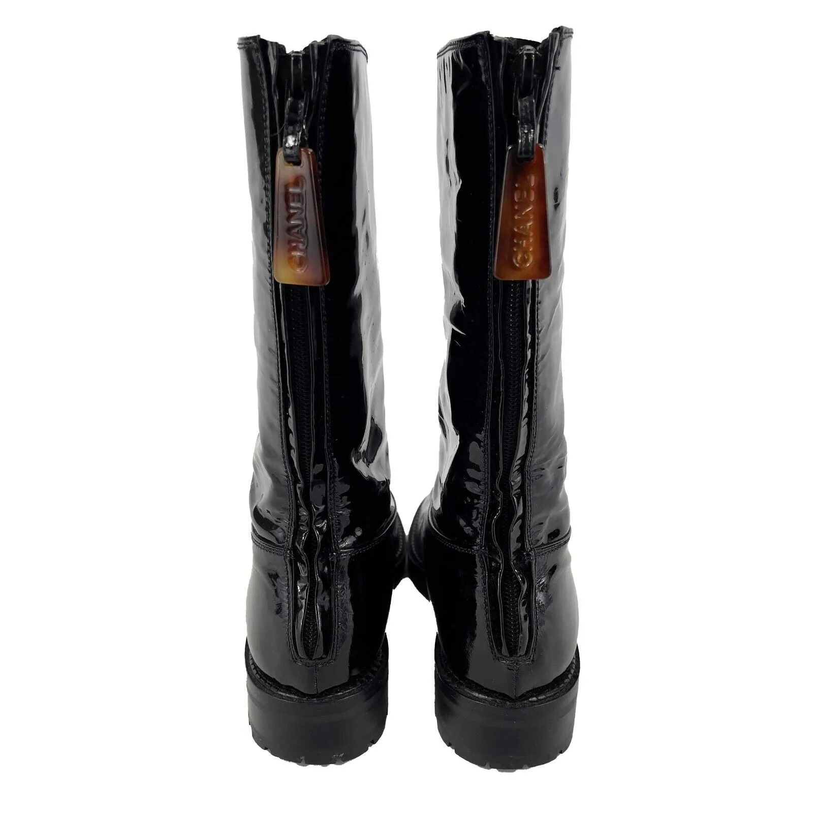 CHANEL - Tortoise Zip Pull - Vintage 97A Patent Boots Lug Sole Black 36 US 6