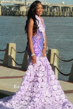Lilac Sequined Open Back 3D Roses Trumpet Prom Dress