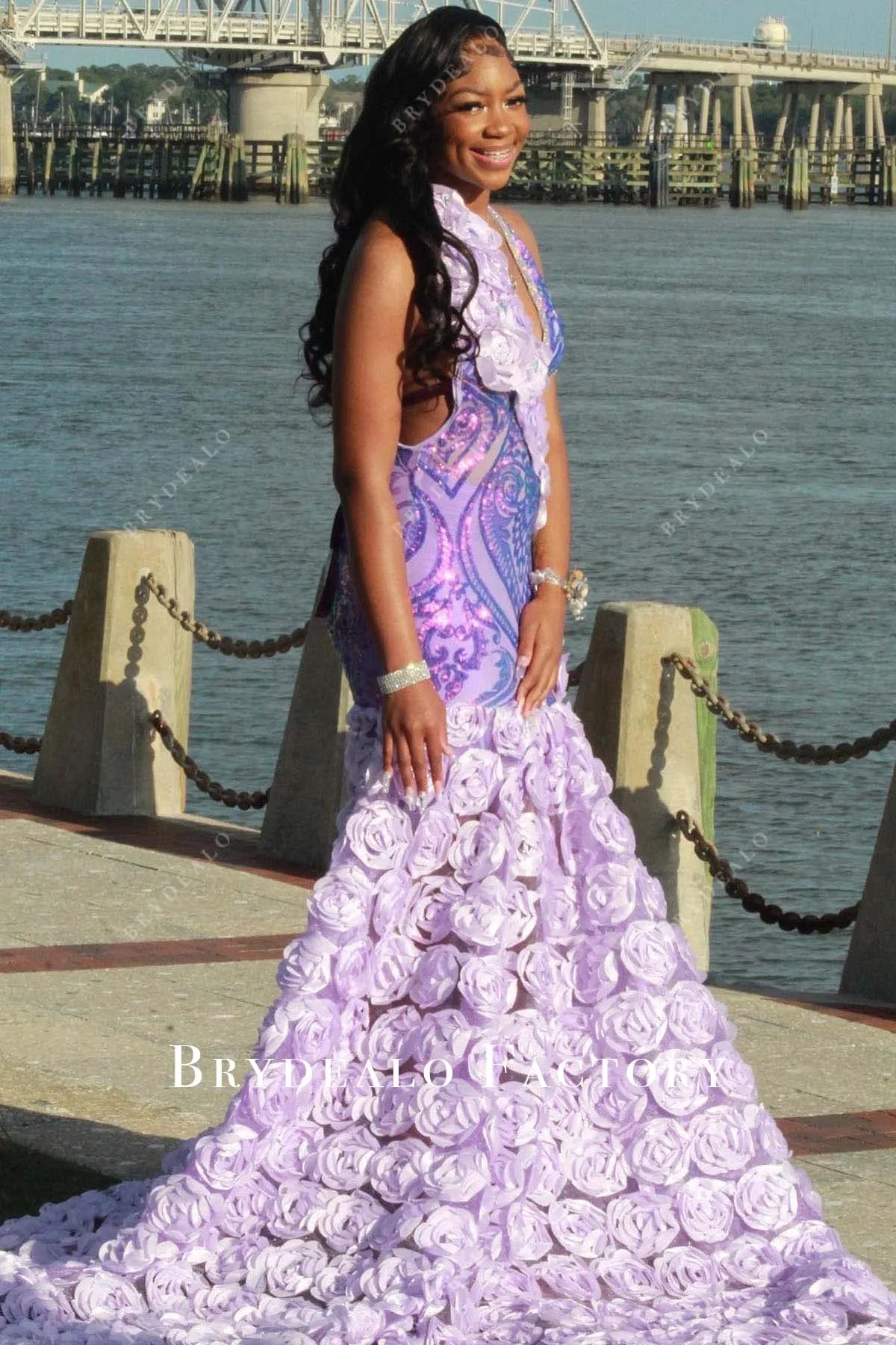 Lilac Sequined Open Back 3D Roses Trumpet Prom Dress