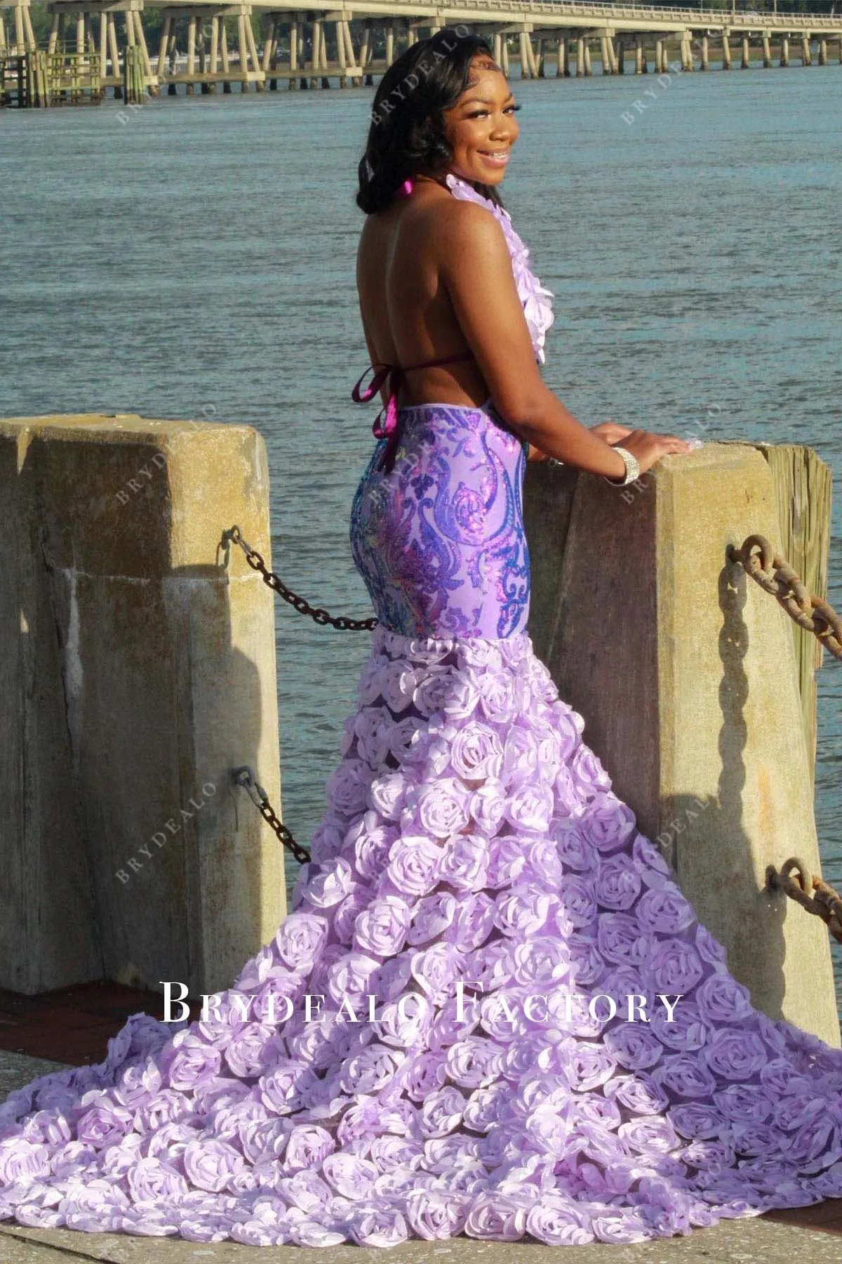 Lilac Sequined Open Back 3D Roses Trumpet Prom Dress