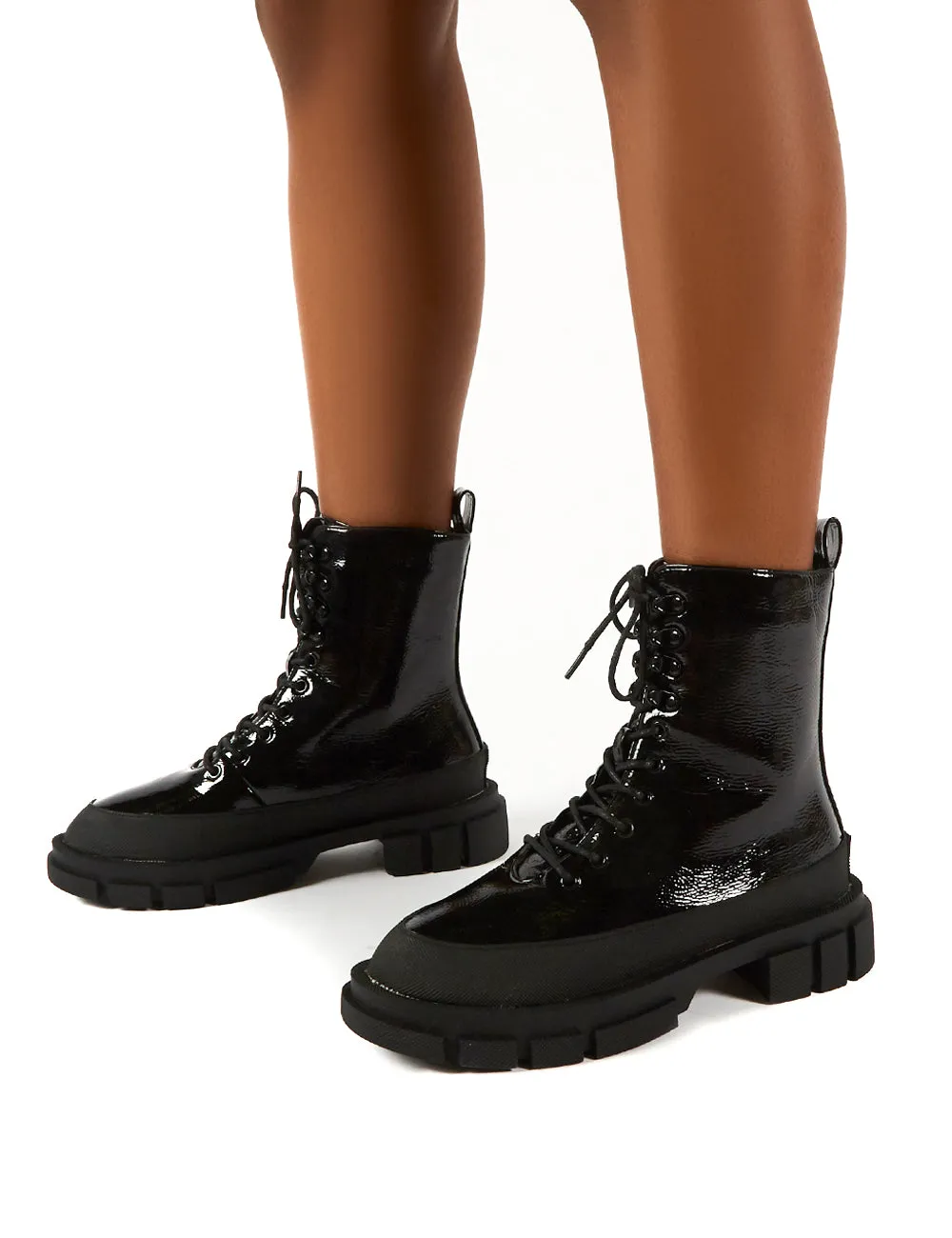 Mischief Black Patent Lace Up Chunky Sole Ankle Boots