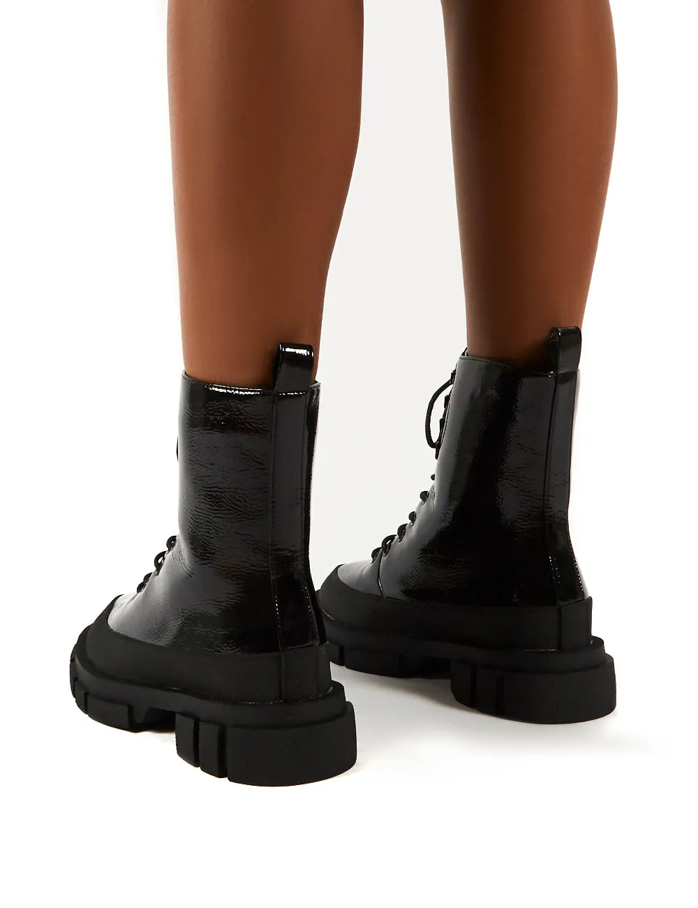 Mischief Black Patent Lace Up Chunky Sole Ankle Boots
