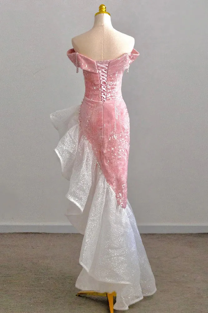 Pink Mermaid Off the Shoulder Prom Gown with Sequins, Sparkly Formal Dresses UQP0264