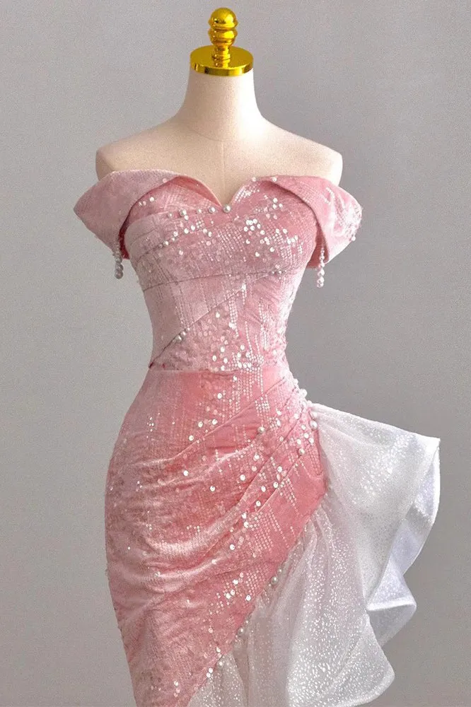 Pink Mermaid Off the Shoulder Prom Gown with Sequins, Sparkly Formal Dresses UQP0264