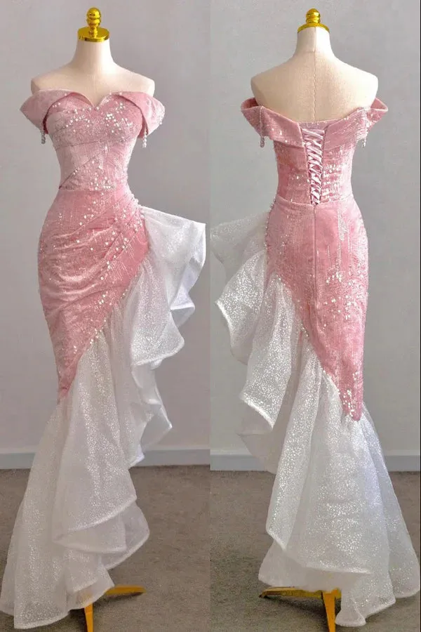 Pink Mermaid Off the Shoulder Prom Gown with Sequins, Sparkly Formal Dresses UQP0264