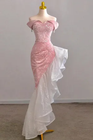 Pink Mermaid Off the Shoulder Prom Gown with Sequins, Sparkly Formal Dresses UQP0264