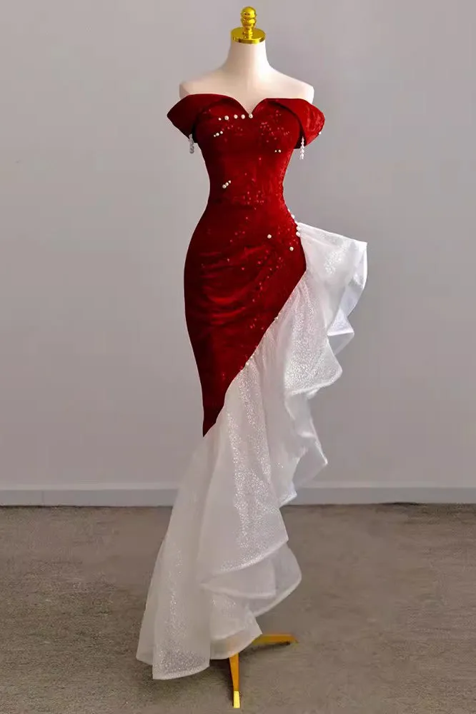 Pink Mermaid Off the Shoulder Prom Gown with Sequins, Sparkly Formal Dresses UQP0264