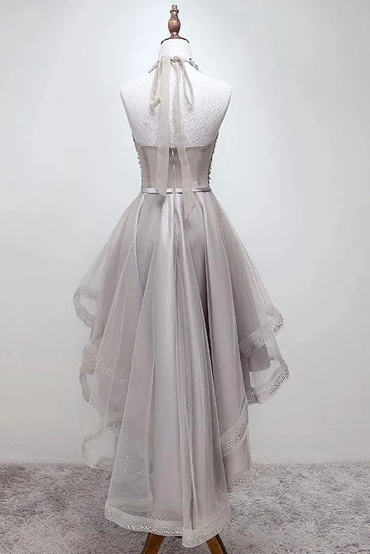 Sparkly Hi Lo Halter Beading Tulle Homecoming Dress, A Line Sequin Prom Dress UQH0010