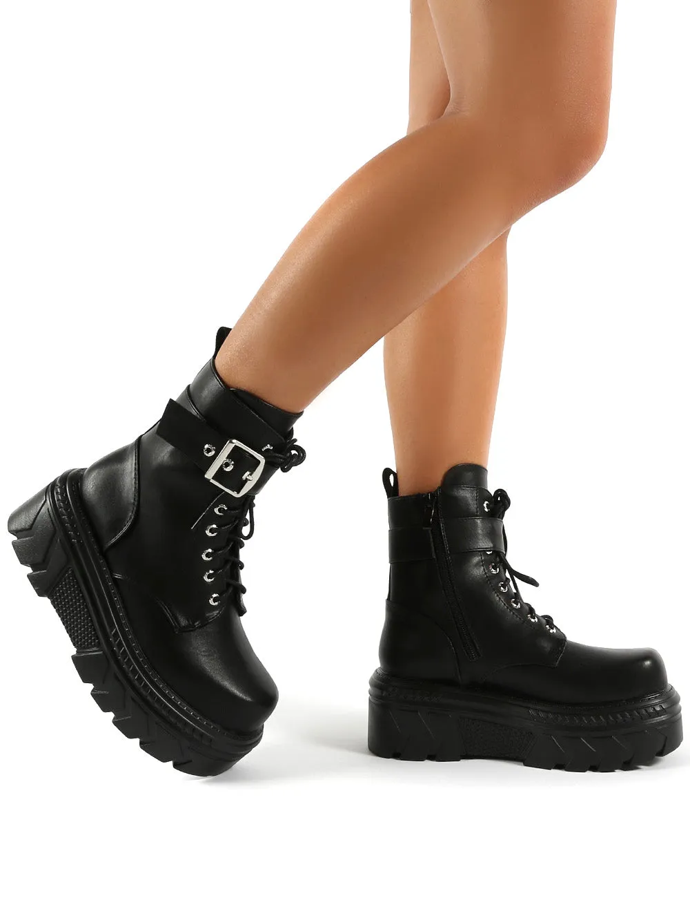 Sparrow Black Buckle Detail Exterme Chunky Platform Ankle Boots